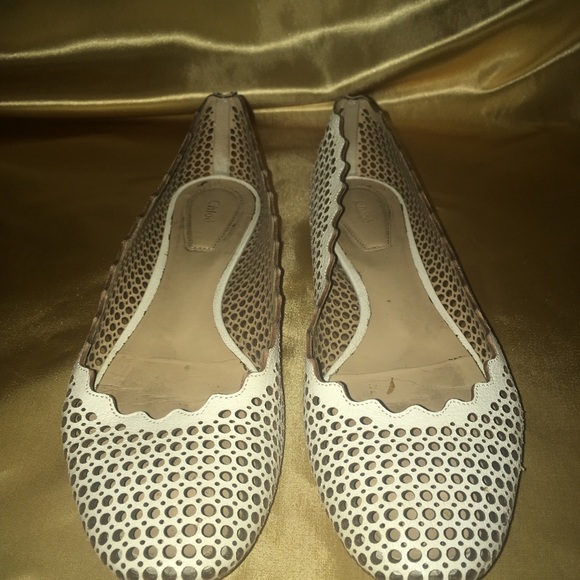 Chloé Lauren Ballet Flats White Perforated Leather - Picture 2 of 7